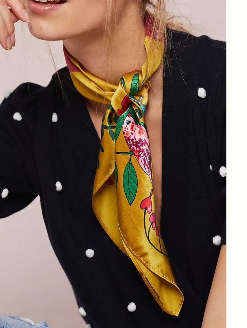 Antropologie Karen Mabon Yellow Floral Monogram E Silk Square Scarf 25x25 - Picture 5 of 5